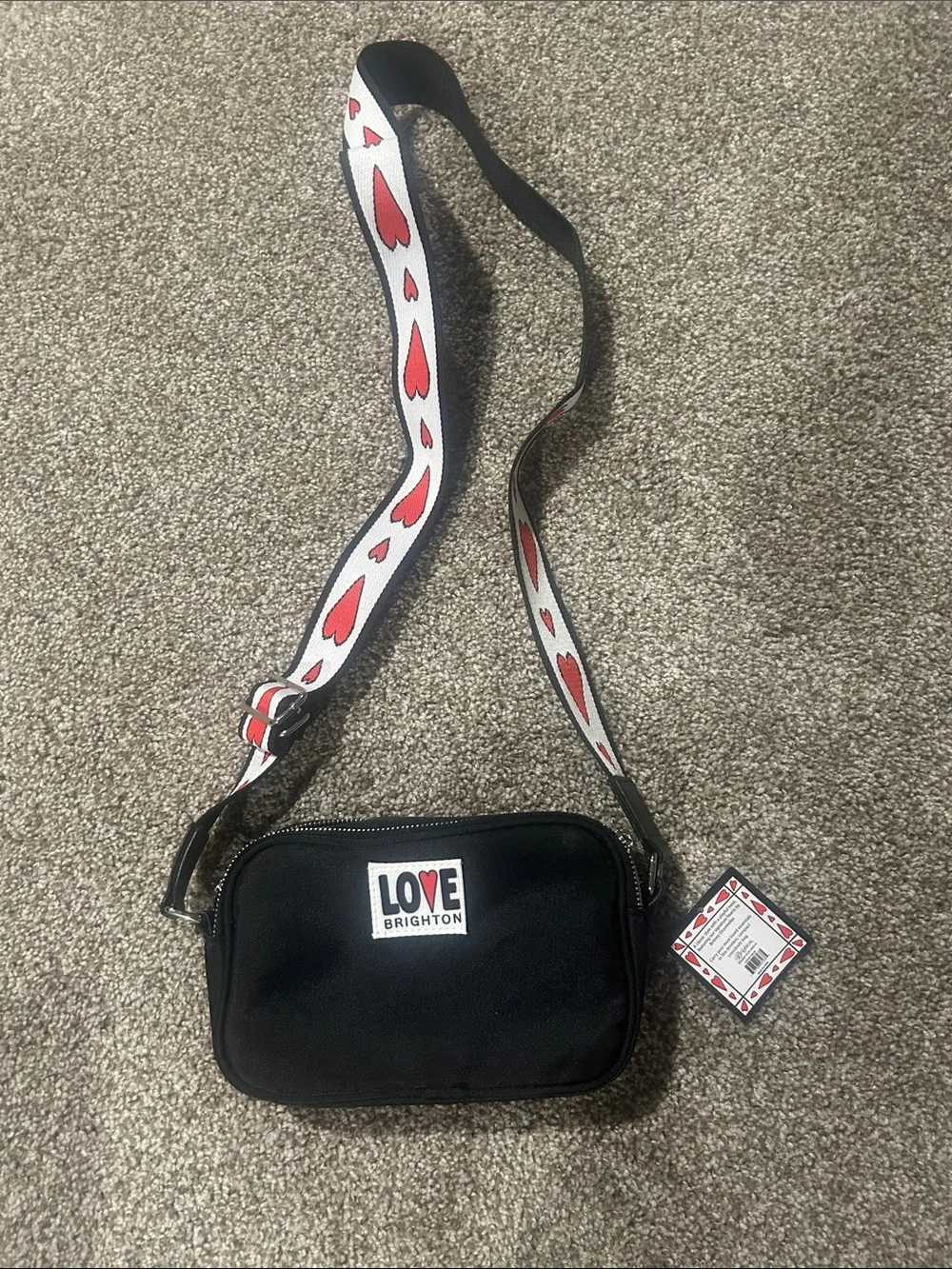 Brighton Black Crossbody Bag with Heart-Print Strap